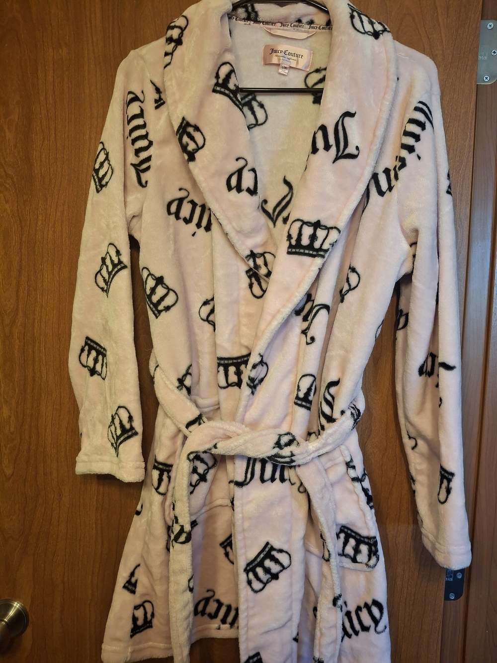 Juicy Couture Pink Plush Girls' Robe with Black Crown & Script Print